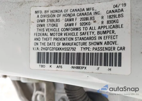 2019 Honda Civic Lx из США, поврежденный, VIN 2HGFC2F6XKH552792